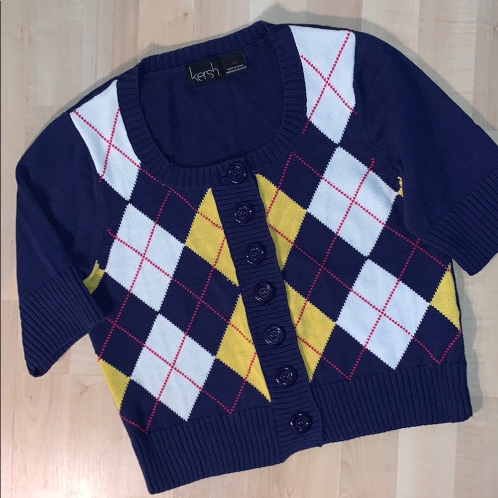 KERSH Argyle Short sleeve cardigan sweater